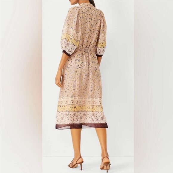 Ann Taylor XL Beige Plum Gold Lurex Paisley Floral Border Balloon Sleeve Dress - Picture 2 of 16